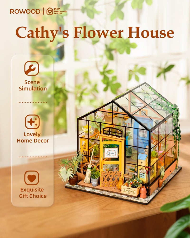 Rowood Miniature House Kit, DIY Miniature Greenhouse Dollhouse Kits for Adults, Mayberry Street Miniatures, Wooden Crafts for Adults, Gifts on Birthday Christmas - Cathy's Flower House - Image 2